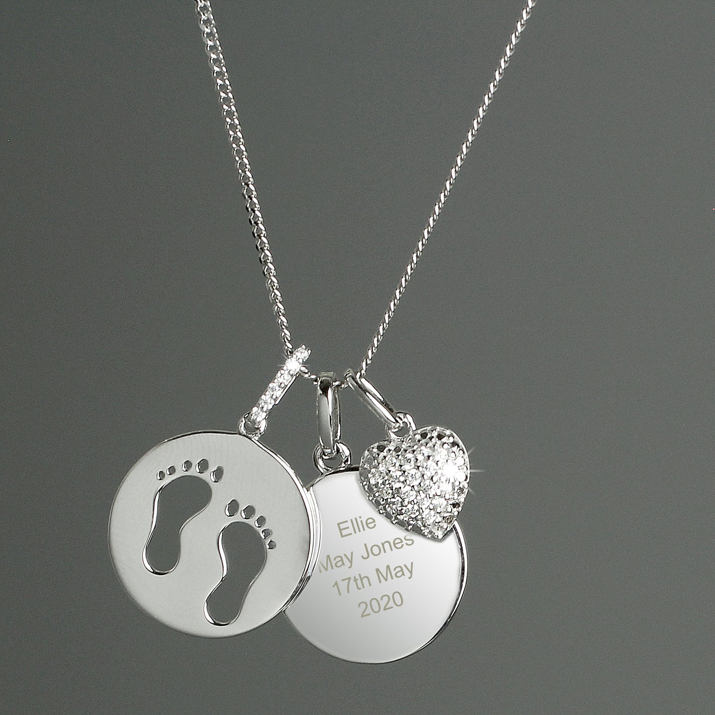 Personalised Sterling Silver Footprints and Heart Necklace