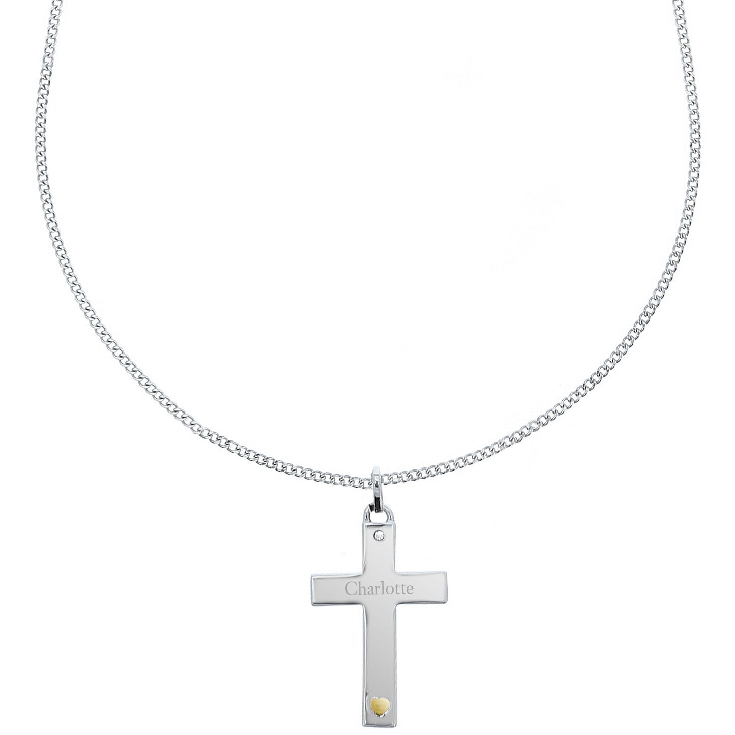 Personalised Sterling Silver Cross with 9ct Gold Heart & CZ Necklace