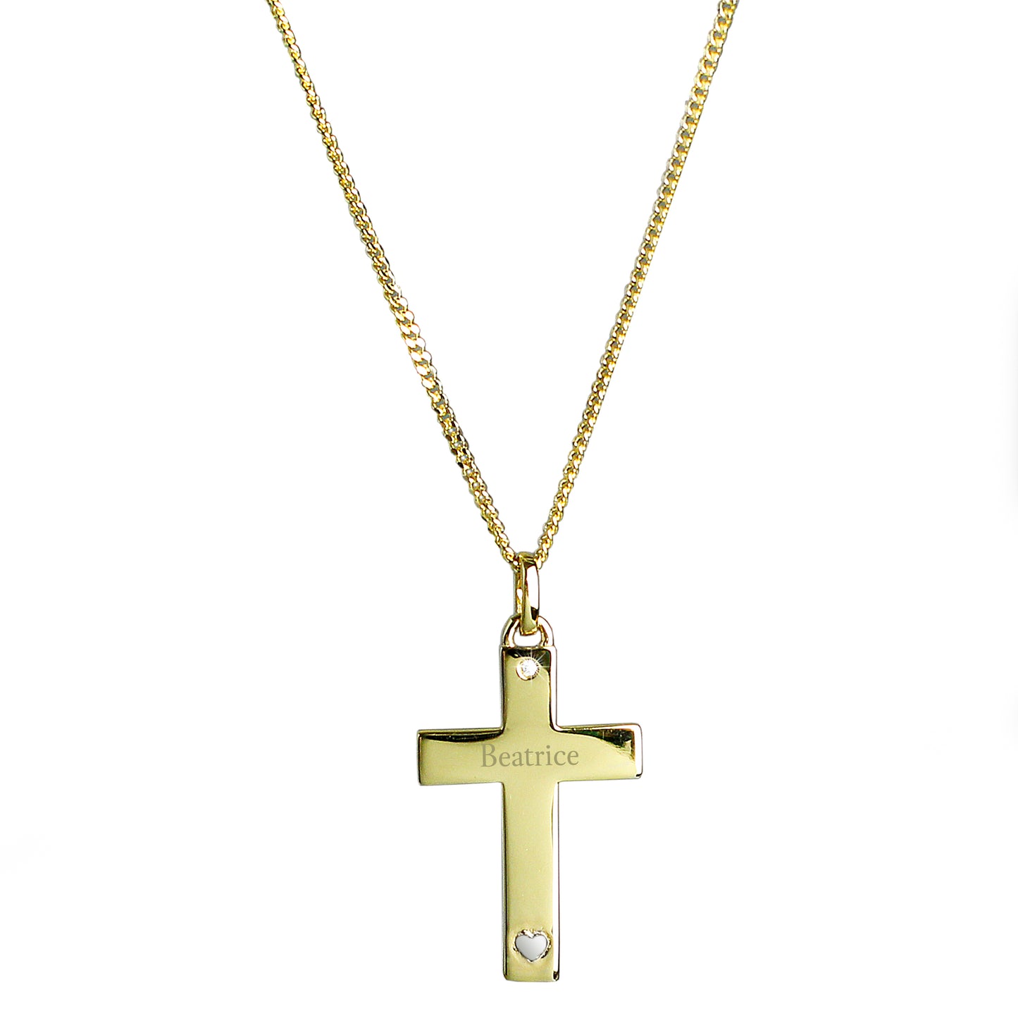 9ct Gold Cross Necklace with Sterling Silver Heart & CZ Personalised