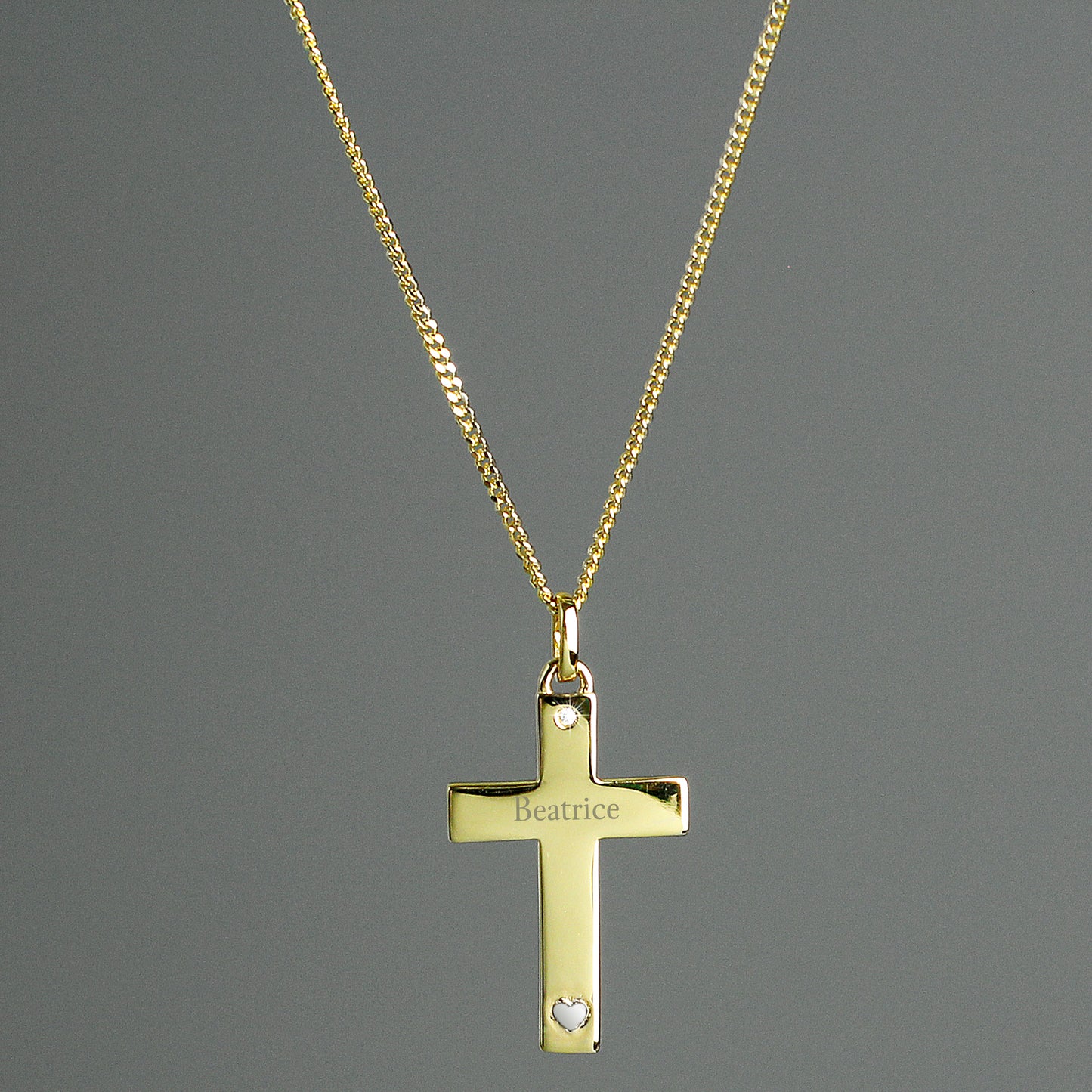 9ct Gold Cross Necklace with Sterling Silver Heart & CZ Personalised