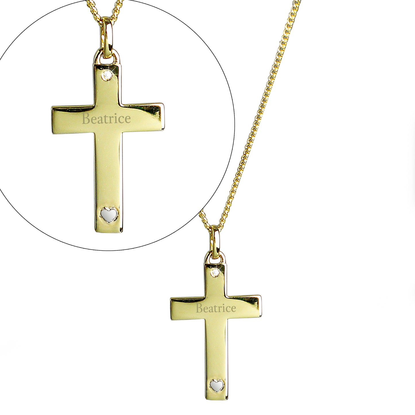 9ct Gold Cross Necklace with Sterling Silver Heart & CZ Personalised