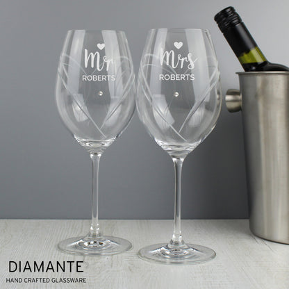 Personalised Mr & Mrs Hand Cut Heart Pattern Pair of Wine Glasses