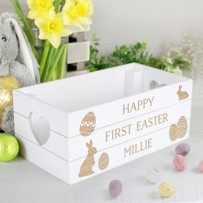 Easter Wooden Crate Personalised White Easter Bunny Design