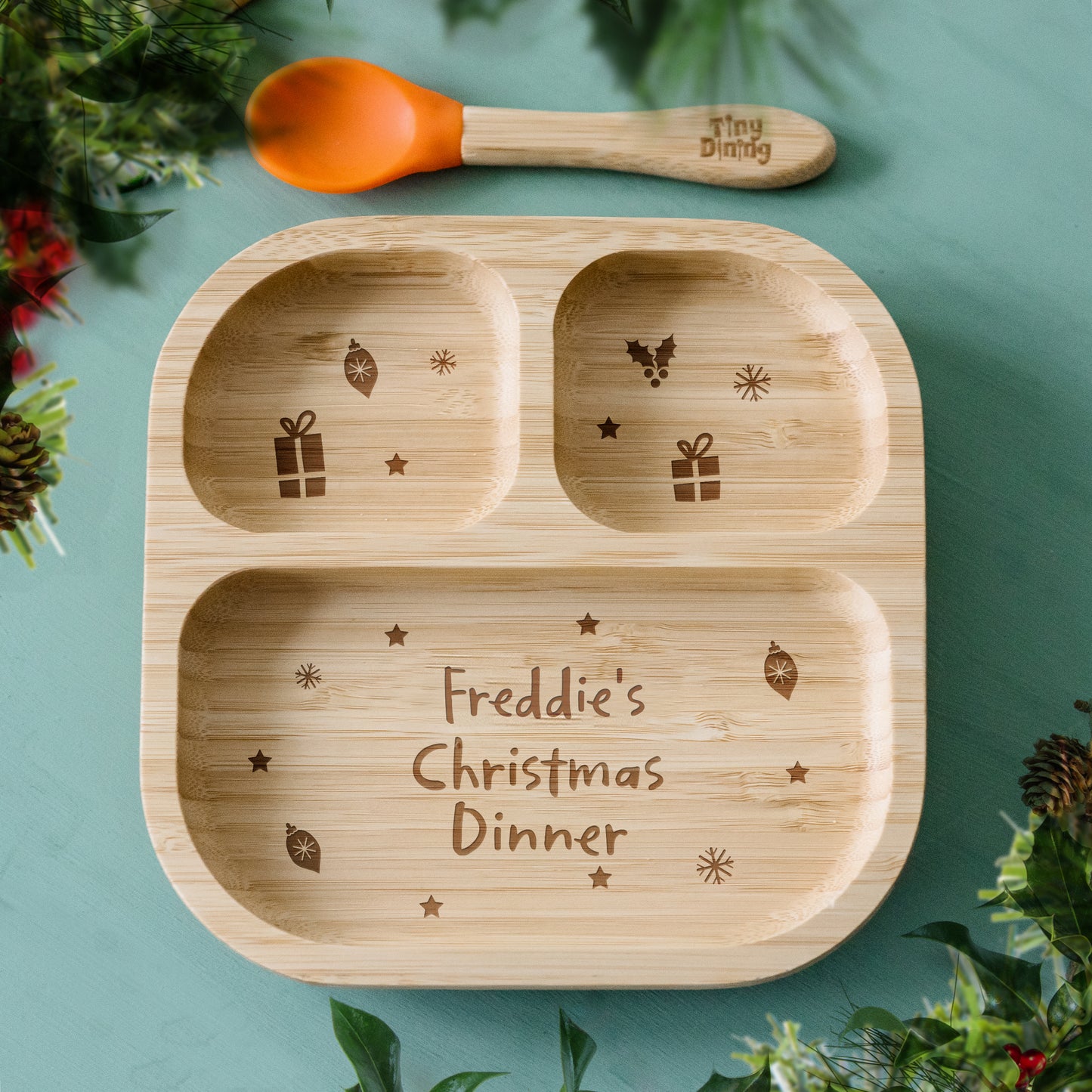 Personalised Christmas Dinner Bamboo Suction Plate & Spoon Set