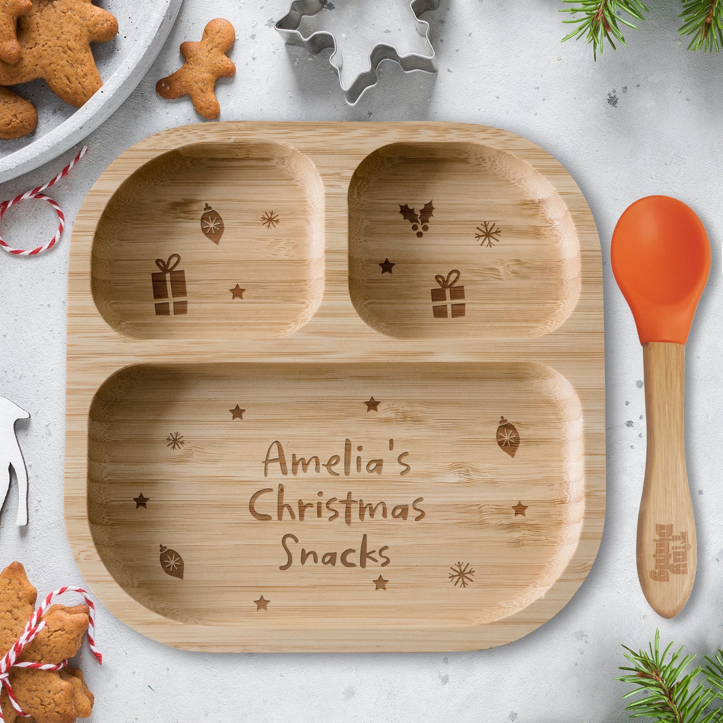 Personalised Christmas Dinner Bamboo Suction Plate & Spoon Set