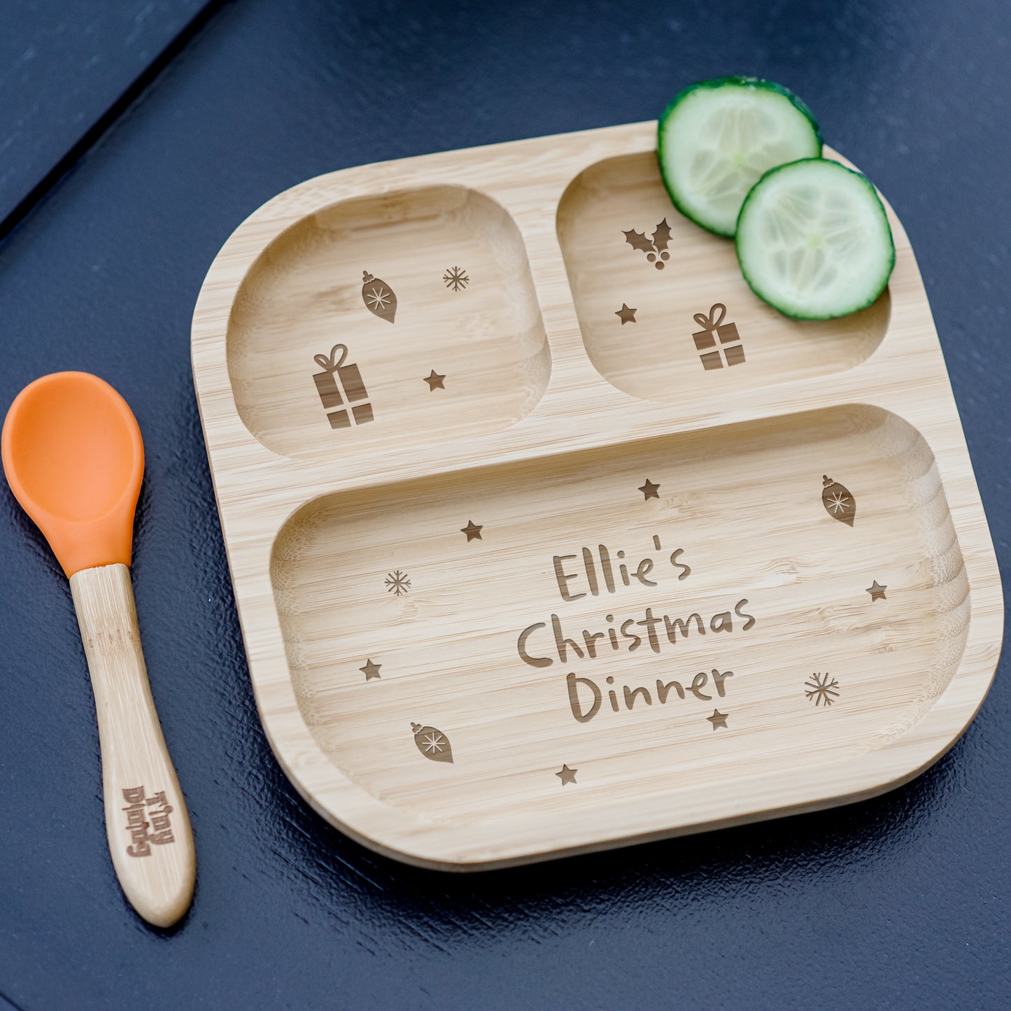 Personalised Christmas Dinner Bamboo Suction Plate & Spoon Set