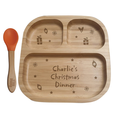Personalised Christmas Dinner Bamboo Suction Plate & Spoon Set