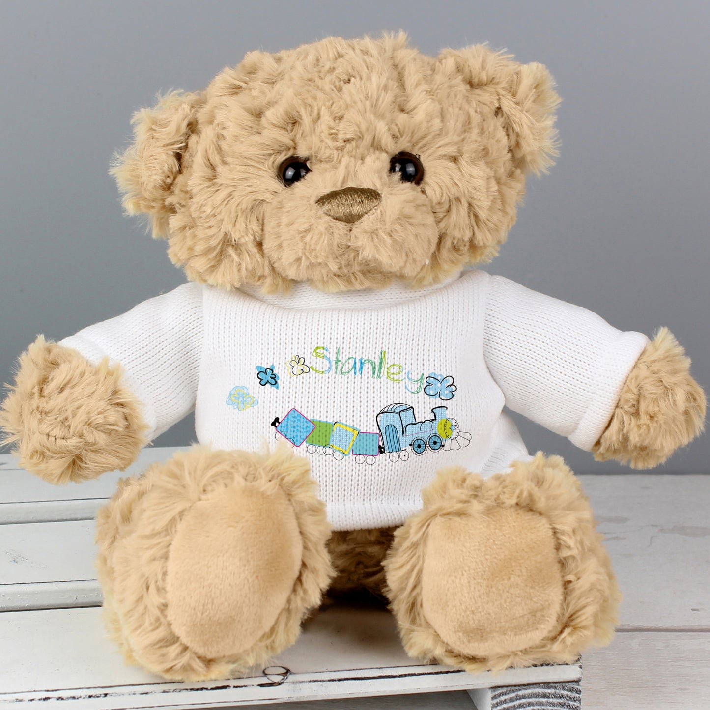 Personalised Patchwork Train Teddy Bear Newborn Gift