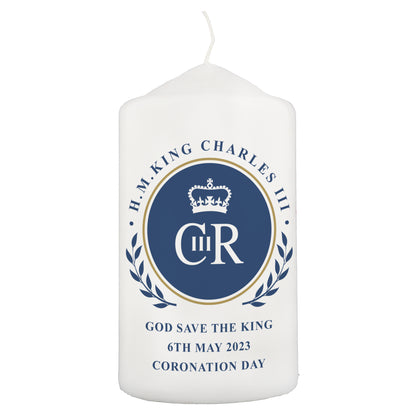 Personalised King Charles III Blue Crest Coronation Commemorative Pillar Candle