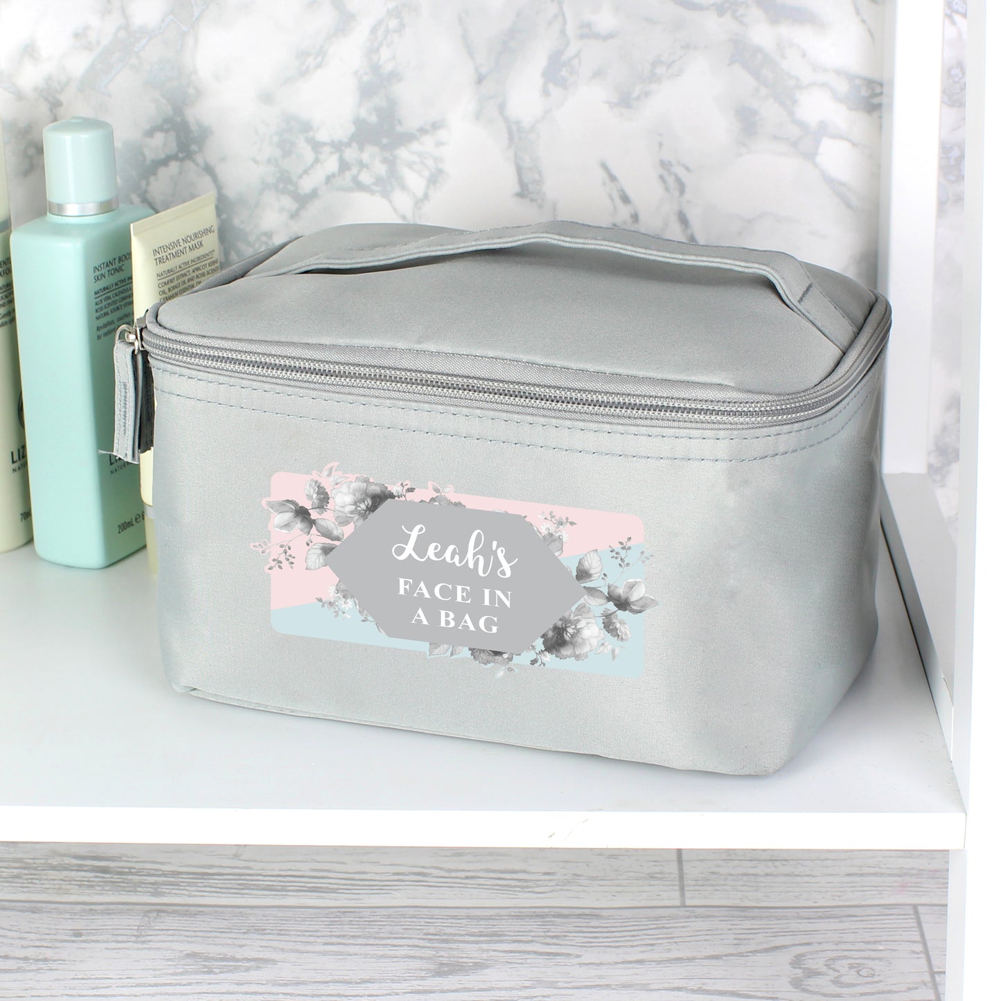 Personalised Floral Grey Vanity bag