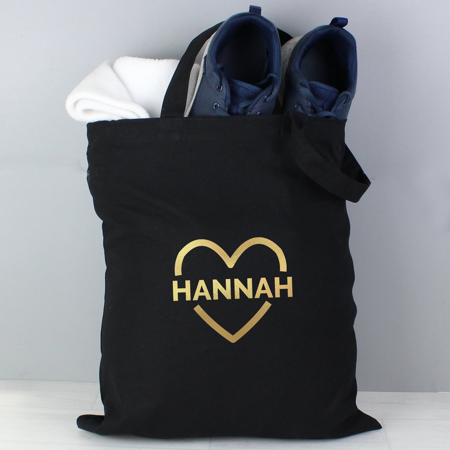 Cotton Bag Personalised Gold Heart Black 41cm