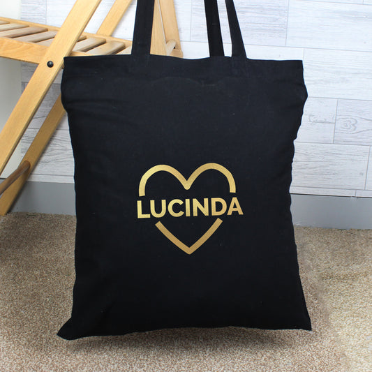 Cotton Bag Personalised Gold Heart Black 41cm