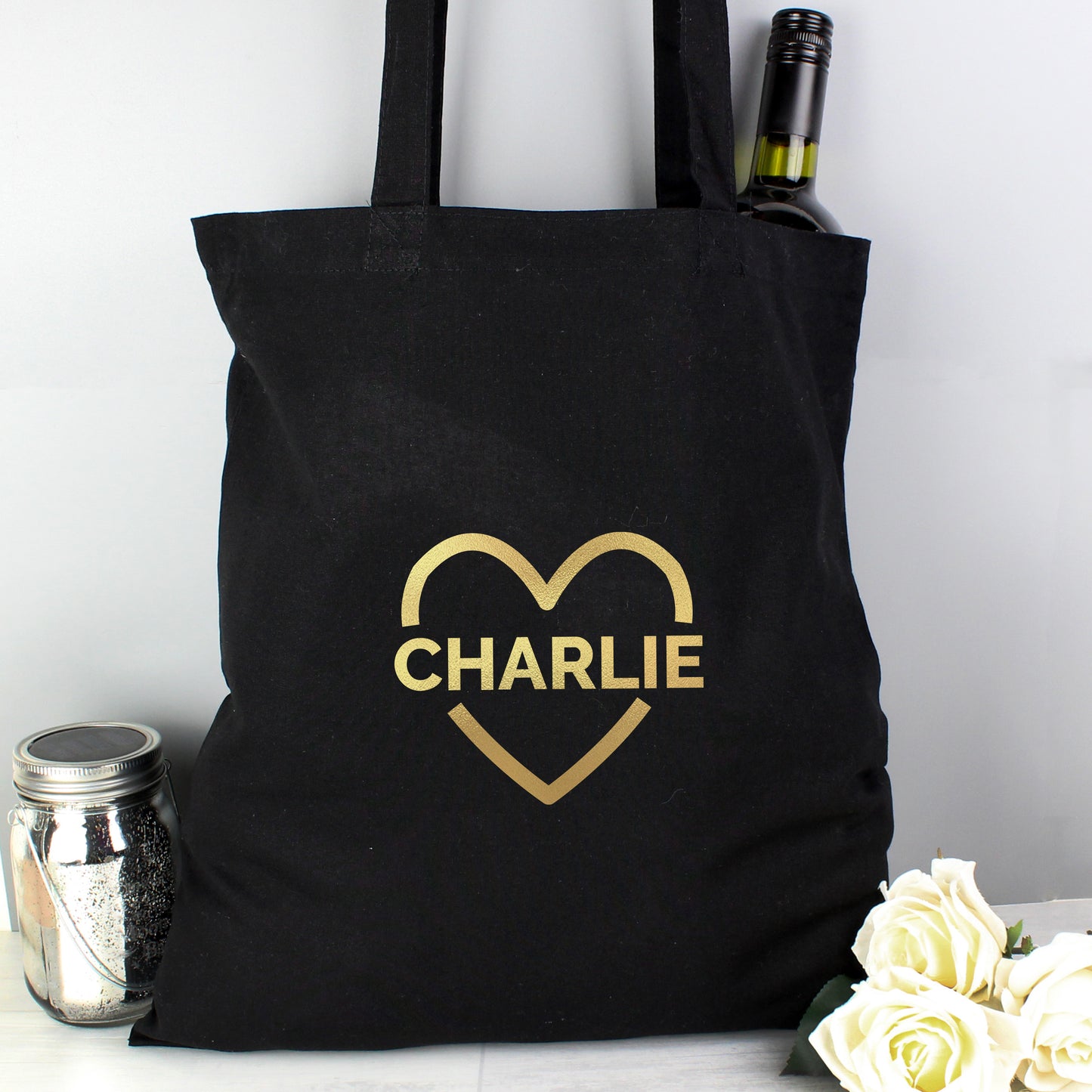 Cotton Bag Personalised Gold Heart Black 41cm