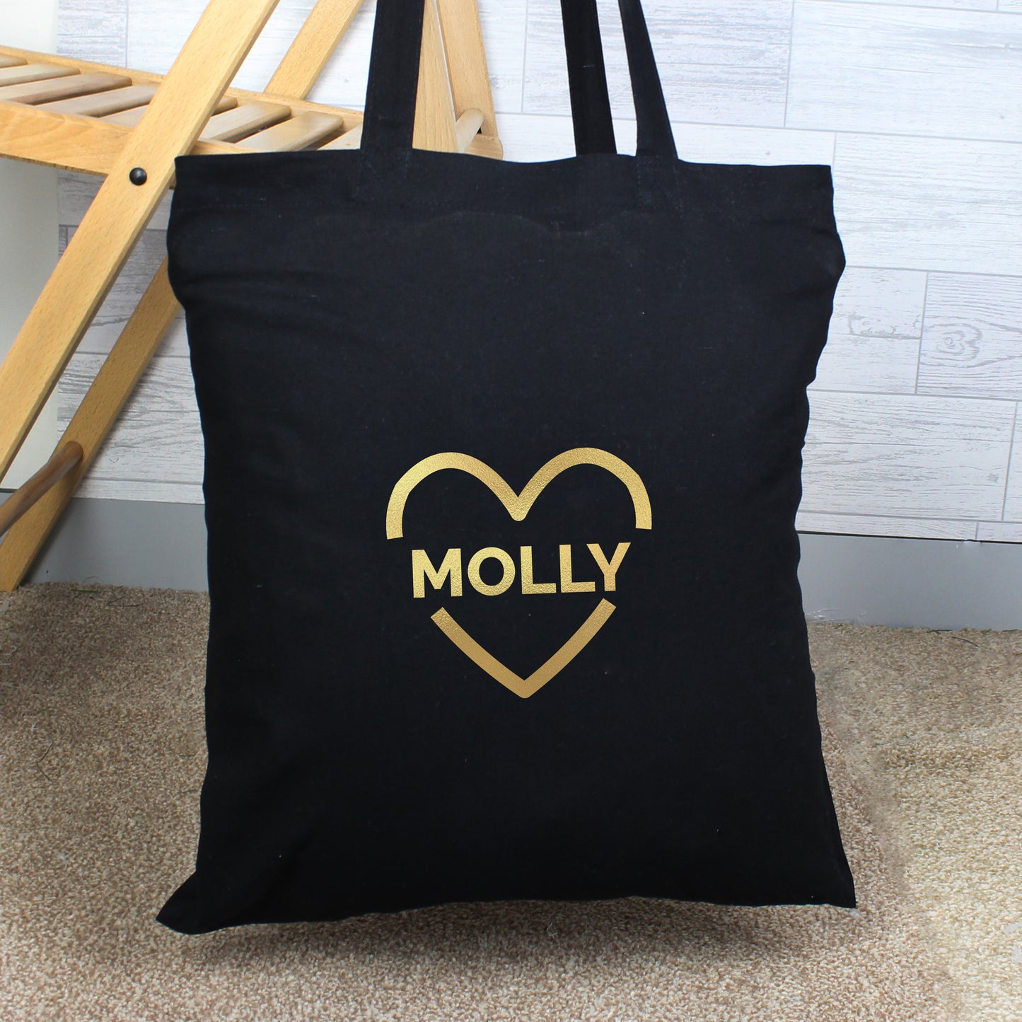 Cotton Bag Personalised Gold Heart Black 41cm