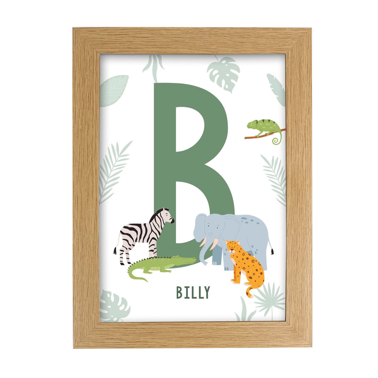 Personalised Safari Animals Initial A4 Oak Framed Print
