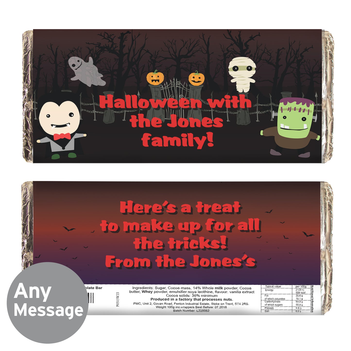 Personalised Halloween Milk Chocolate Bar 100g