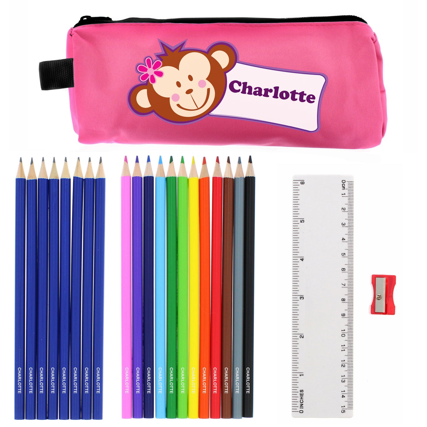 Pink Monkey Pencil Case with Personalised Pencils & Crayons