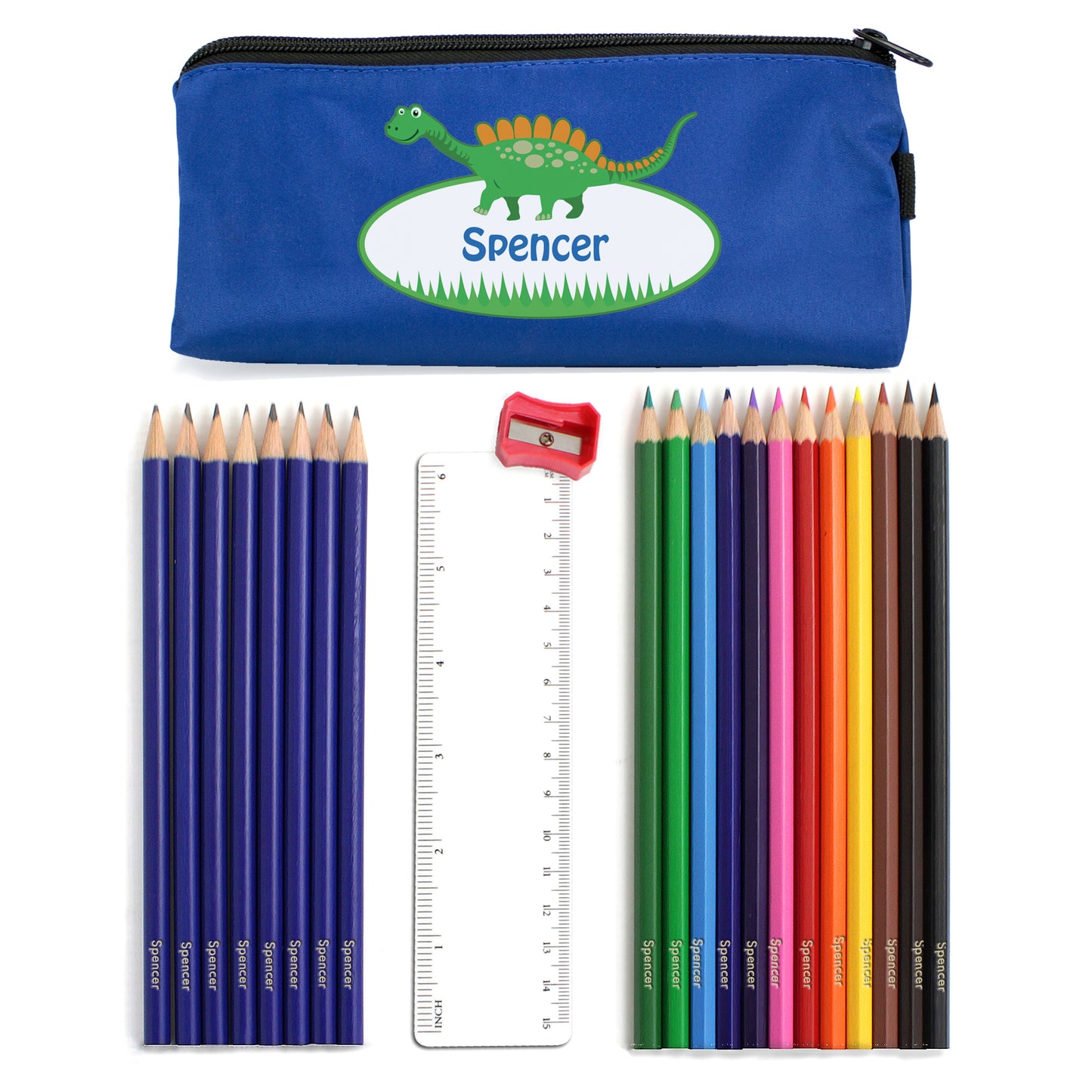 Blue Dinosaur Pencil Case with Personalised Pencils
