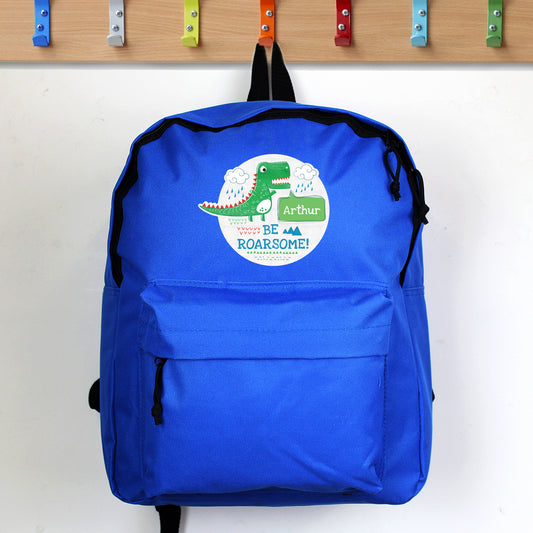 Personalised Blue 'Be Roarsome' Dinosaur Backpack