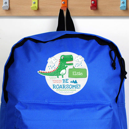 Personalised Blue 'Be Roarsome' Dinosaur Backpack