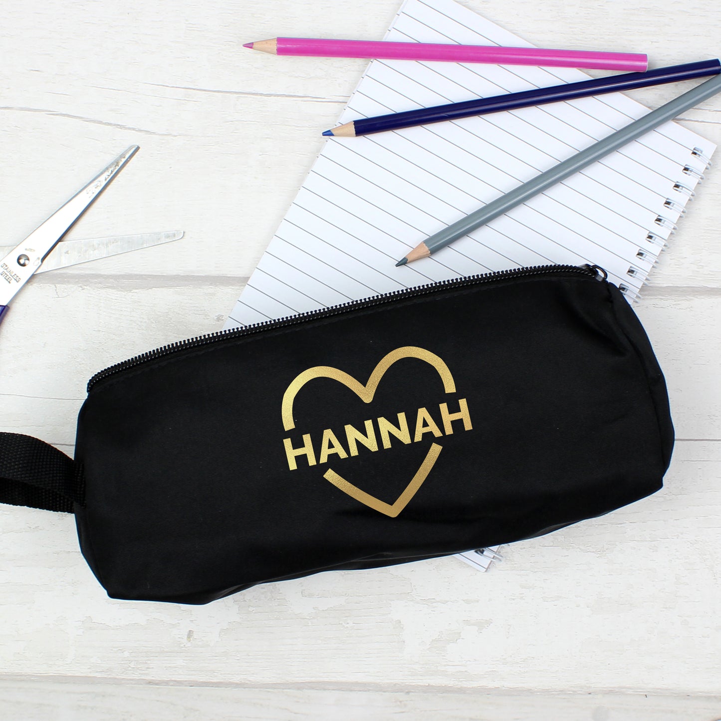 Personalised Gold Heart Black Pencil Case 23cm