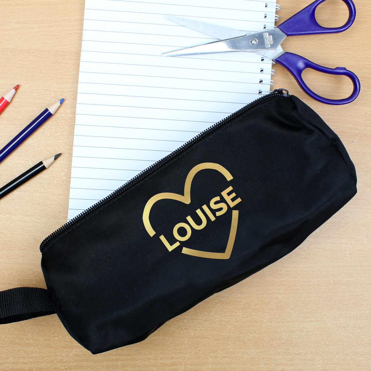 Personalised Gold Heart Black Pencil Case 23cm