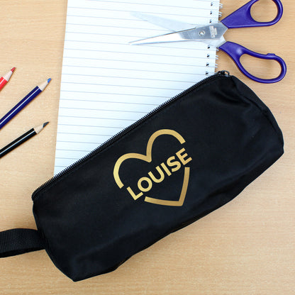 Personalised Gold Heart Black Pencil Case 23cm
