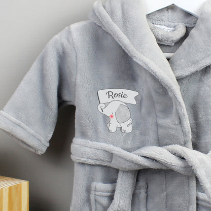 Personalised Elephant Grey Hooded Baby Dressing Gown 0-6 Months