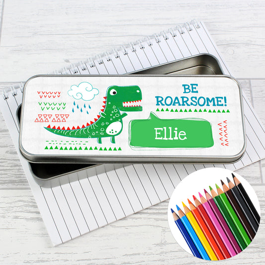 Personalised 'Be Roarsome' Dinosaur Pencil Tin with Pencil Crayons