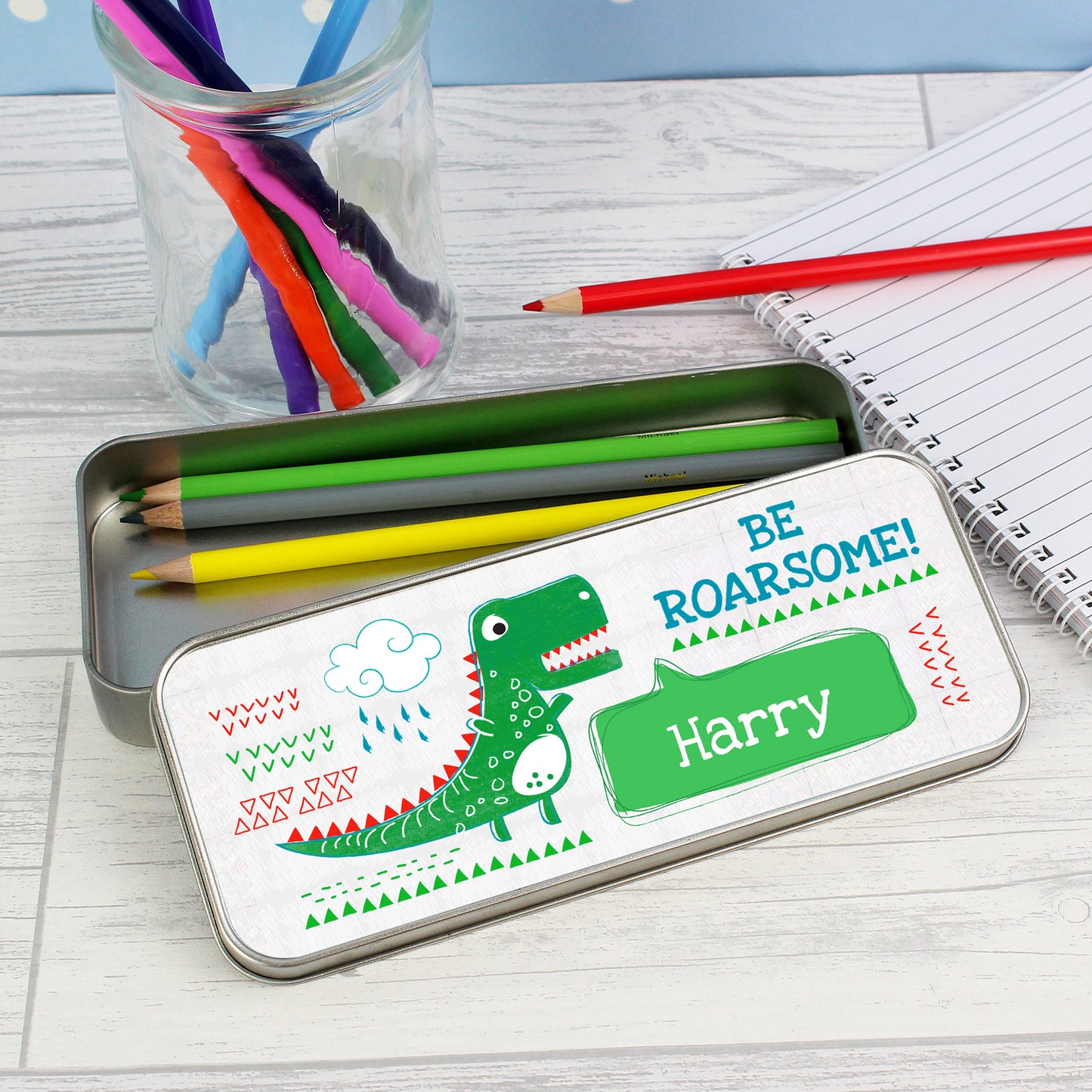 Personalised 'Be Roarsome' Dinosaur Pencil Tin with Pencil Crayons