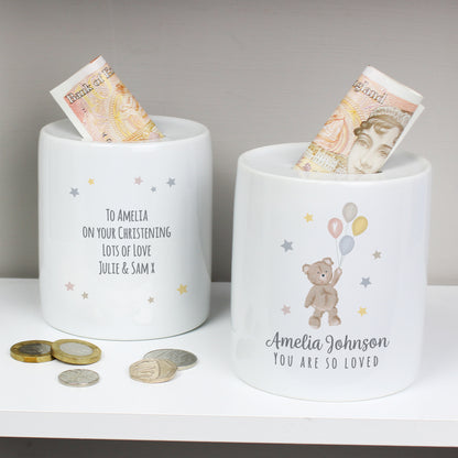 Personalised Teddy & Balloons Ceramic Money Box