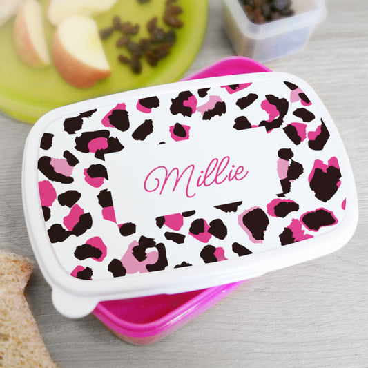 Personalised Leopard Print Pink Lunch Box