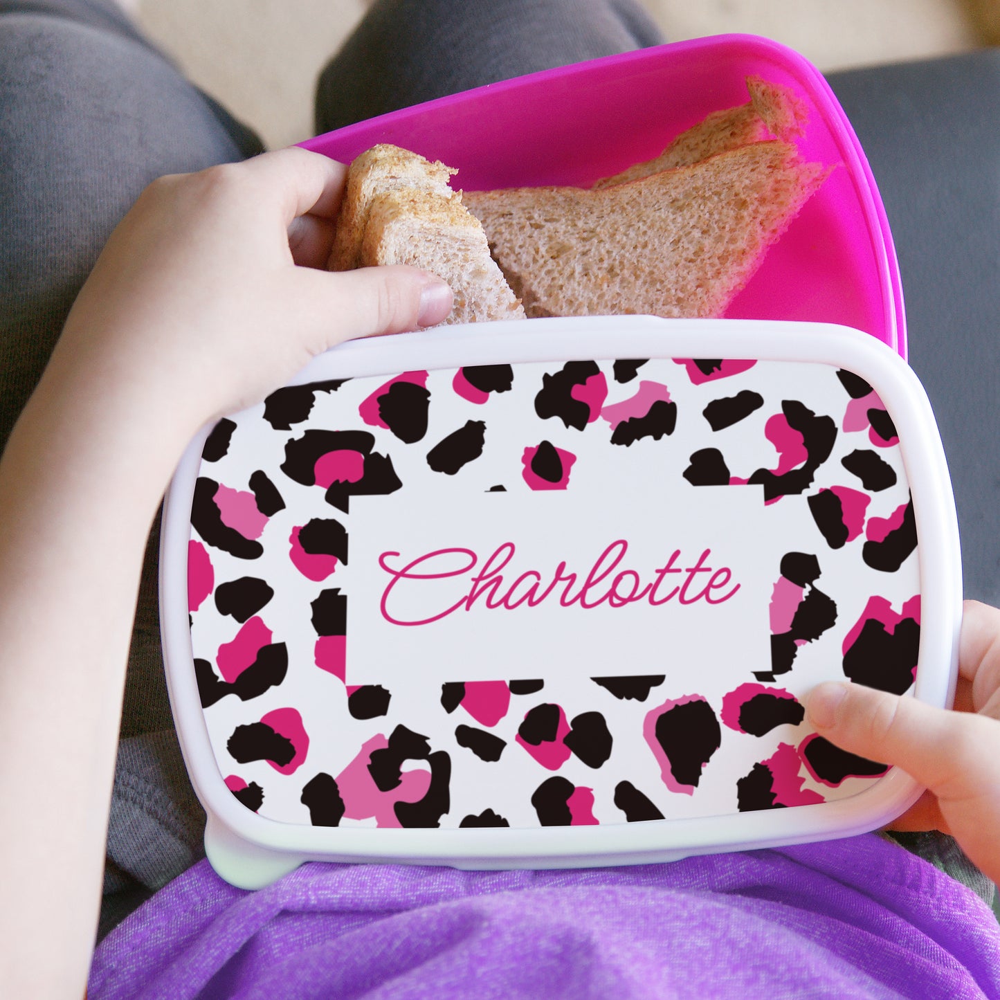 Personalised Leopard Print Pink Lunch Box