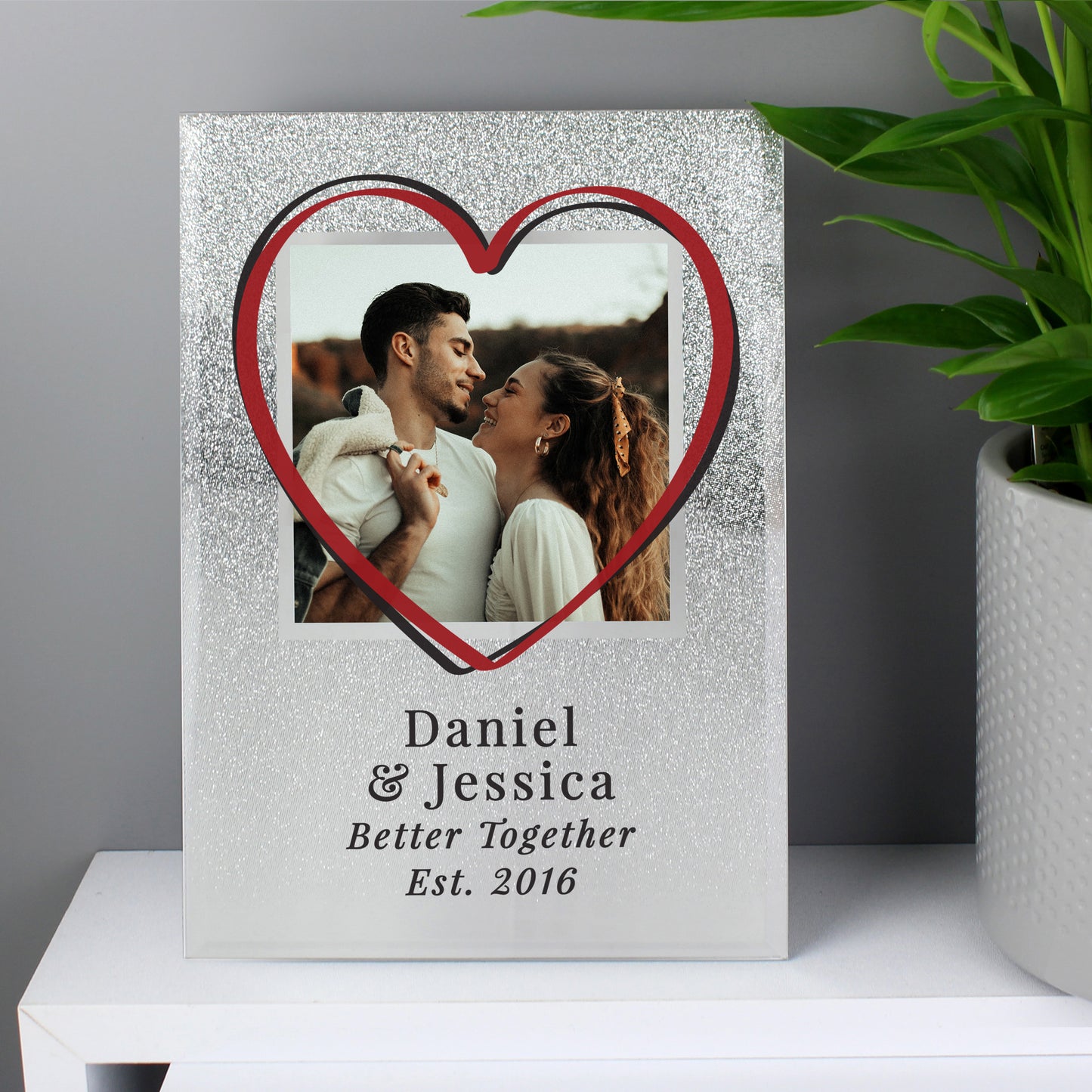 Glitter Glass Photo Frame Personalised Heart 4x4