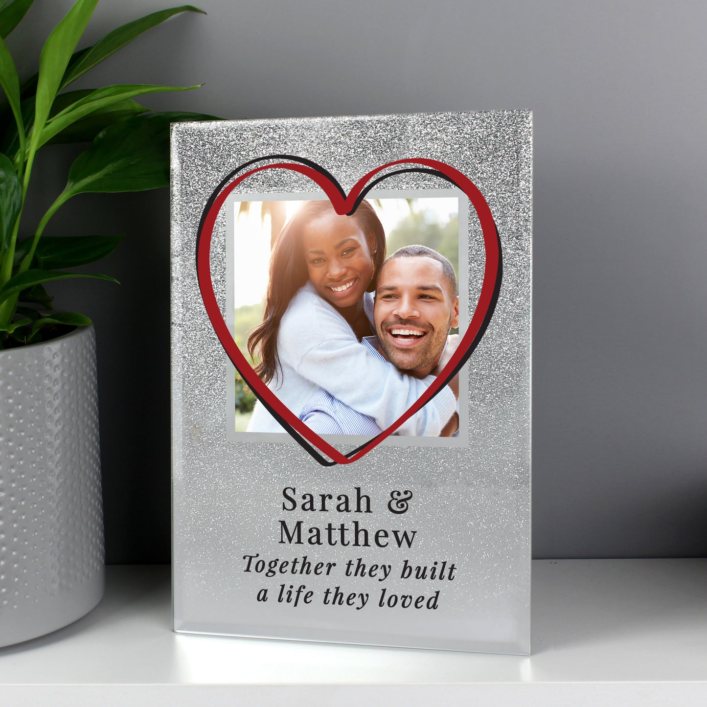 Glitter Glass Photo Frame Personalised Heart 4x4