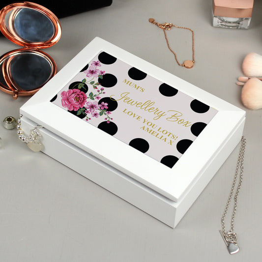 Personalised Floral Dot Wooden Jewellery Box