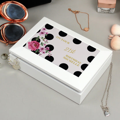 Personalised Floral Dot Wooden Jewellery Box