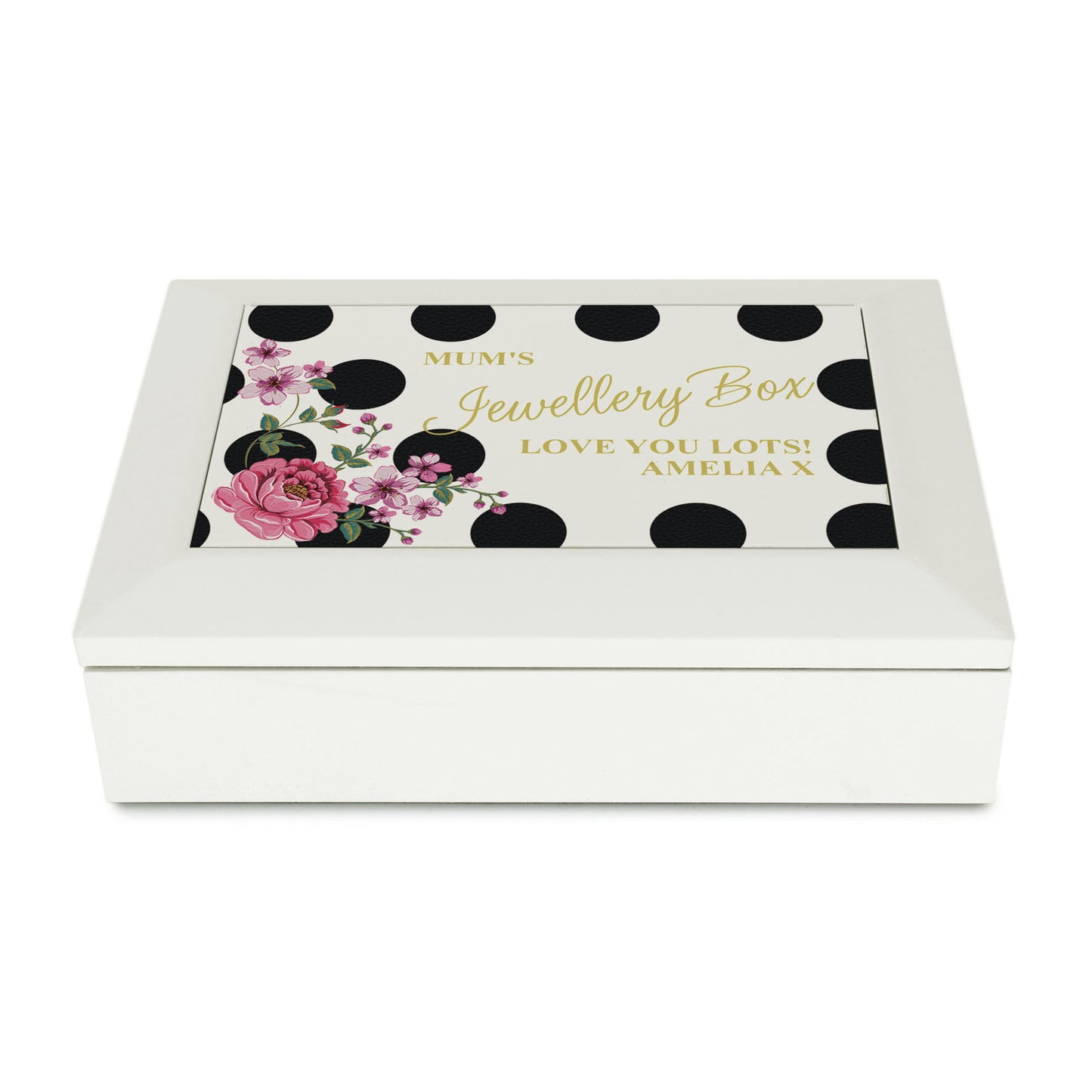 Personalised Floral Dot Wooden Jewellery Box