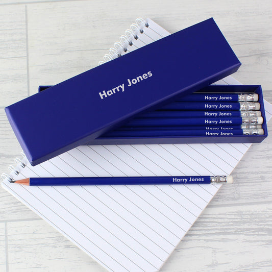 Personalised Box and 12 Blue HB Pencils