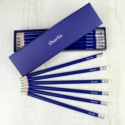 Personalised Box and 12 Blue HB Pencils
