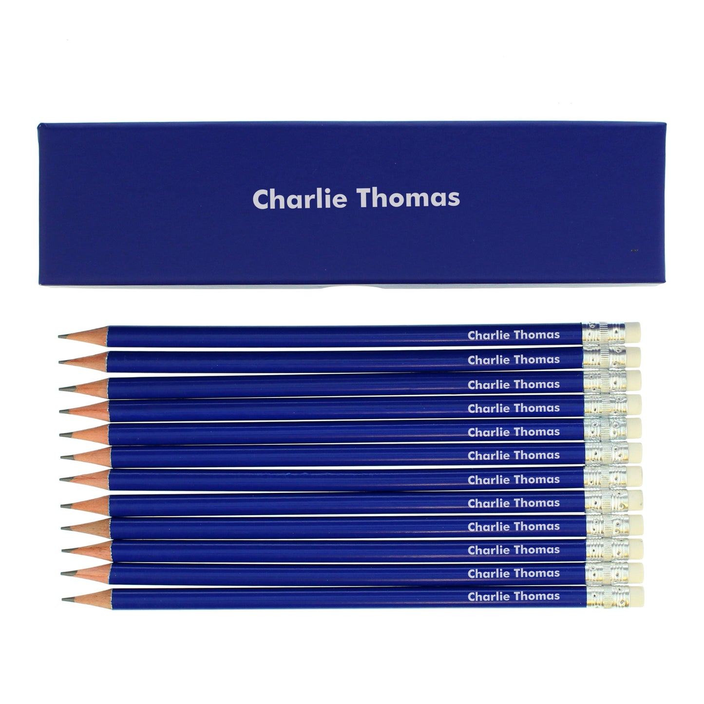 Personalised Box and 12 Blue HB Pencils