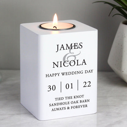 Personalised Couples White Wooden Tea light Holder 10cm