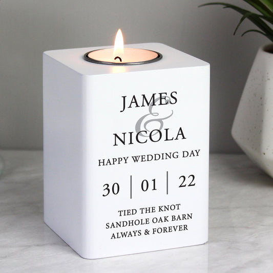 Personalised Couples White Wooden Tea light Holder 10cm