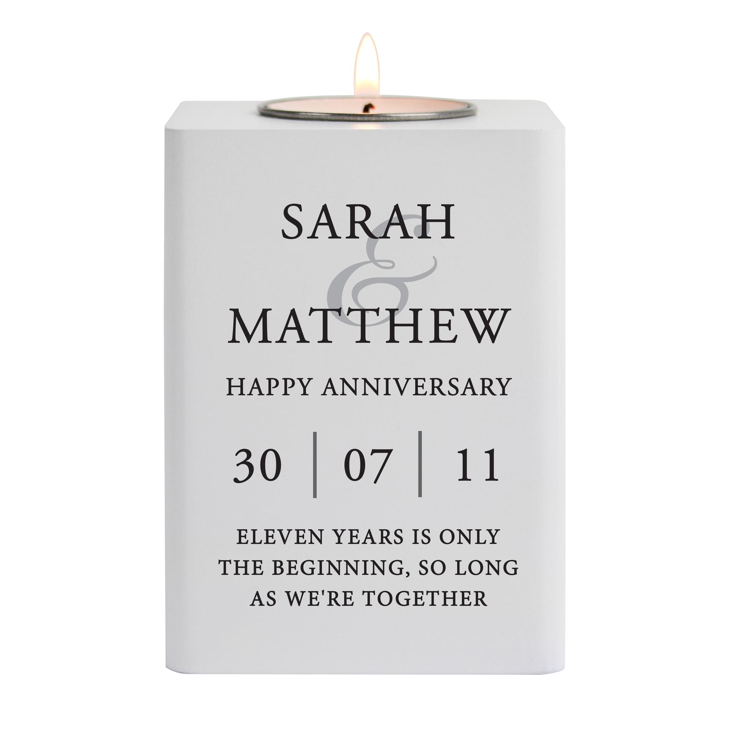 Personalised Couples White Wooden Tea light Holder 10cm