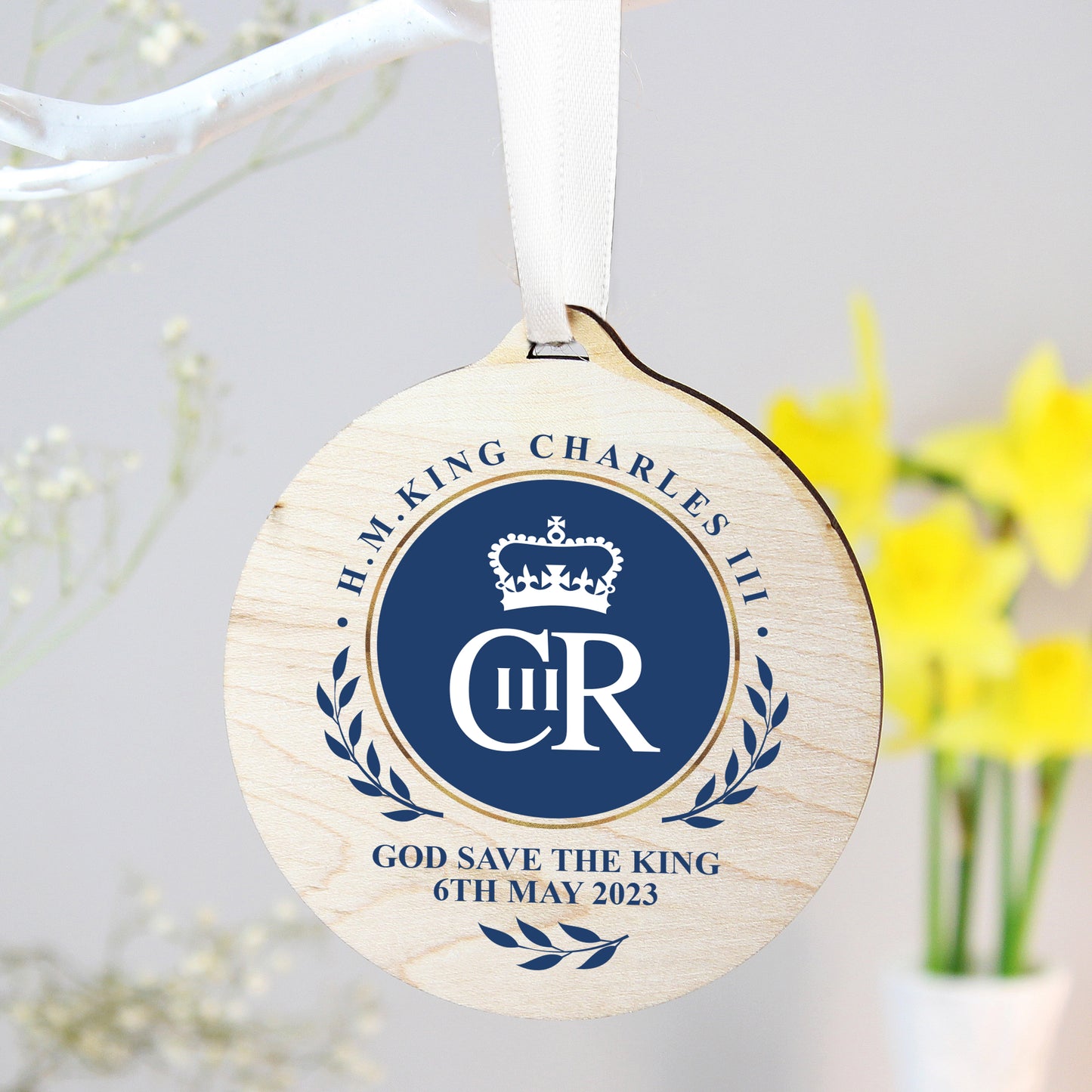 King Charles III Blue Crest Coronation Commemorative Round Wooden Decoration