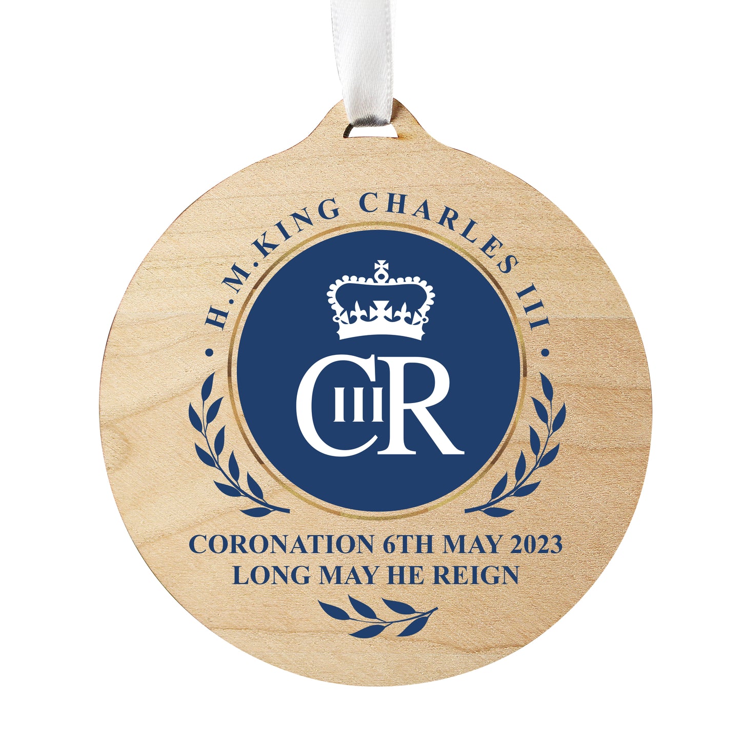 King Charles III Blue Crest Coronation Commemorative Round Wooden Decoration