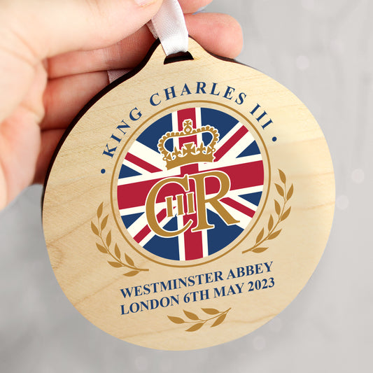 King Charles III Union Jack Coronation Commemorative Round Wooden Decoration