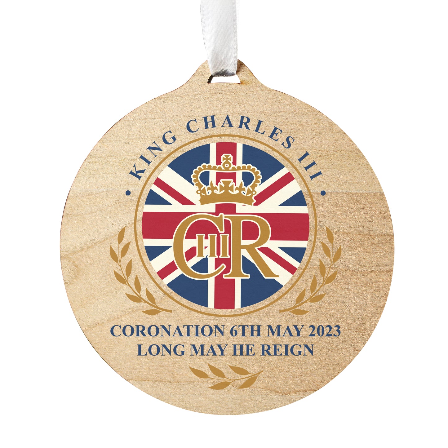 King Charles III Union Jack Coronation Commemorative Round Wooden Decoration