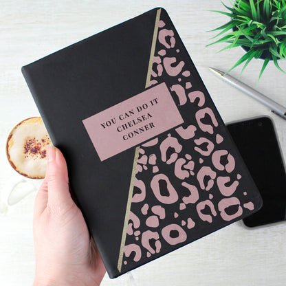 Personalised Leopard Print Black Hardback Notebook A5
