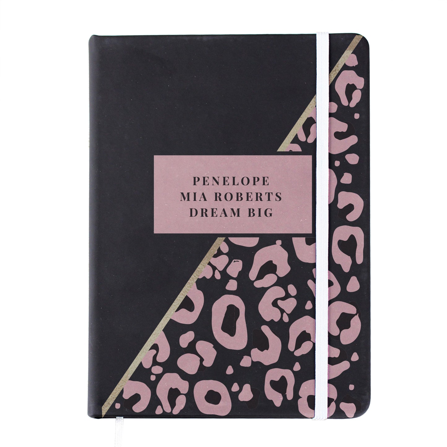 Personalised Leopard Print Black Hardback Notebook A5